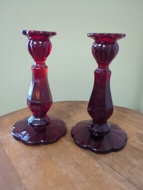 Rare Ruby Red Moser 114 Scalloped Candlesticks Vintage